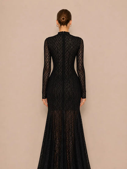 Helena Fitted Long-Sleeve Lace Maxi Dress