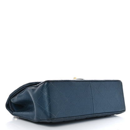Metallic Caviar Quilted Jumbo Double Flap Dark Blue
