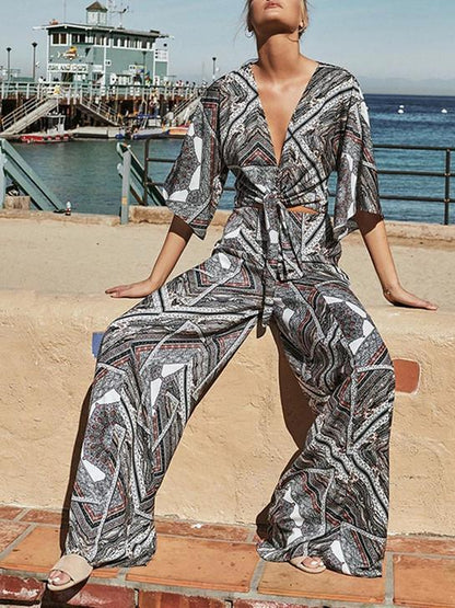 Vintage Summer Crushed Floral Bowsc Jumpsuit