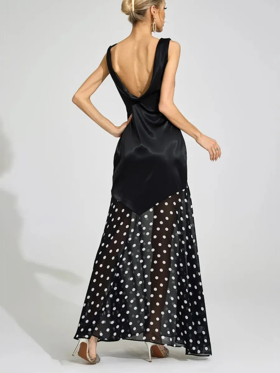 Chloe Satin Polka Dot Mesh Two-Tone Maxi Dress