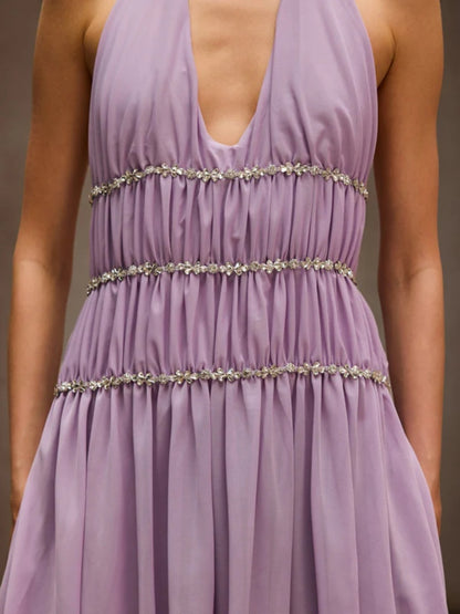 Aurora Halter Rhinestone-Trimmed Chiffon Mini Dress