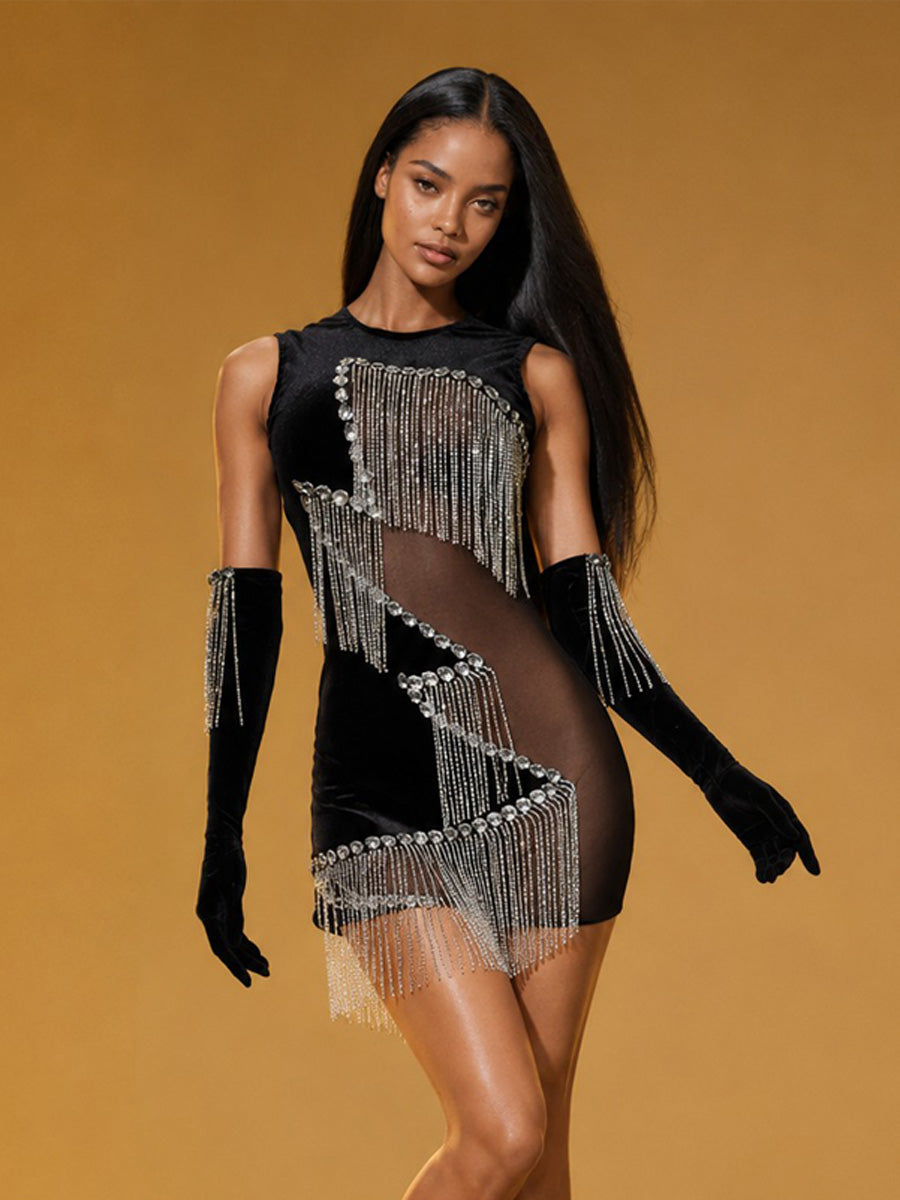 Rosalyn Crystal-Fringed Mesh Mini Dress