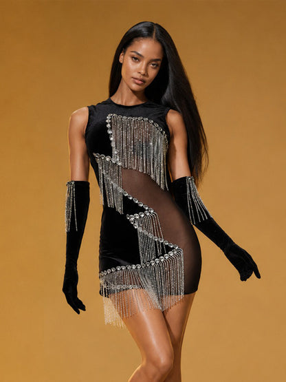 Rosalyn Crystal-Fringed Mesh Mini Dress