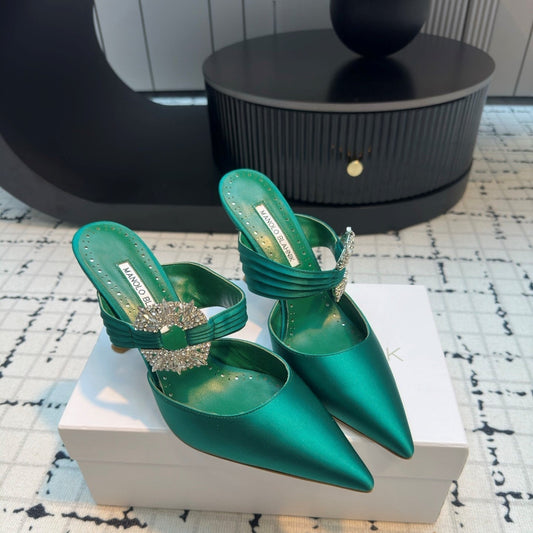 Manolo Satin Maidugura Mules 90mm Green Teal Satin
