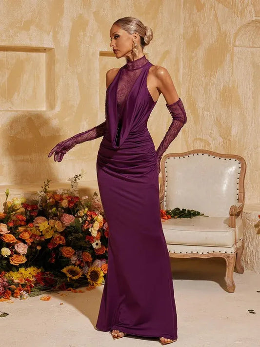 Tenley Halterneck Lace Maxi Dress With Gloves