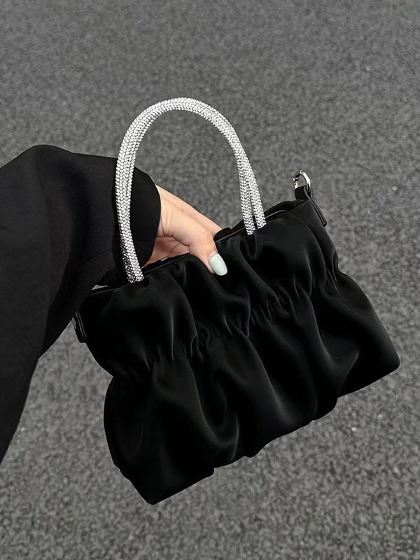 Chains Pleated Rhinestone Solid Color Zipper Crossbody Bags Accessories