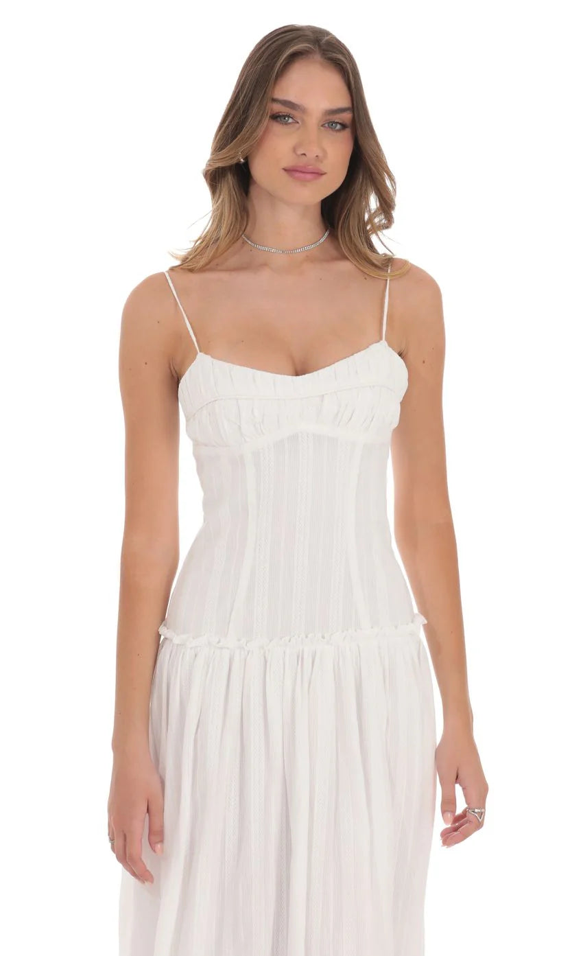 Embroidered Striped Maxi Dress in White