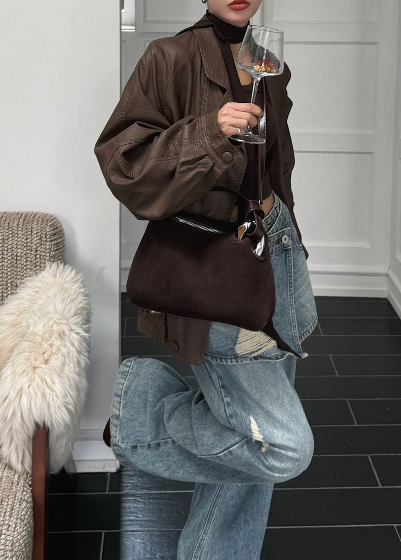 Suede Shoulder and Crossbody Bag With Leather Straps