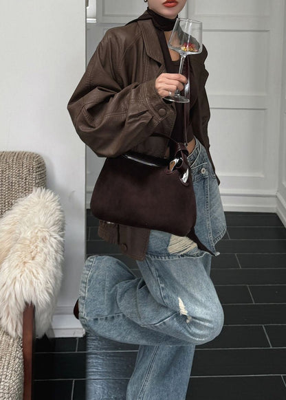 Suede Shoulder and Crossbody Bag With Leather Straps