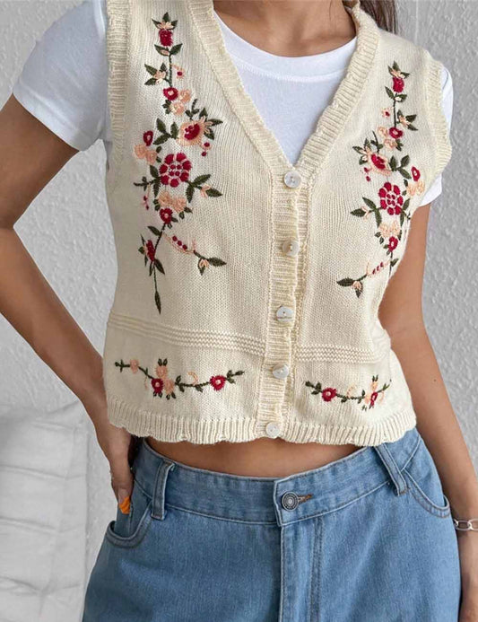 Floral Embroidery V-Neck Knit Sweater Vest