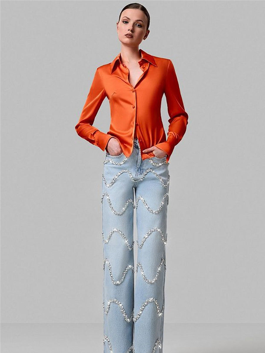 Lucienne Curved Rhinestone-Paneled Jeans