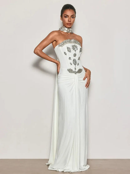 Hannah Strapless Crystal Scarf Maxi Dress