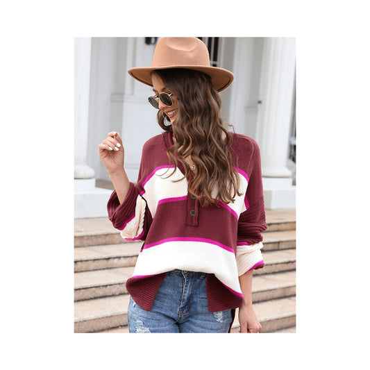 Casual Long Sleeves Loose Striped V-Neck Sweater Tops