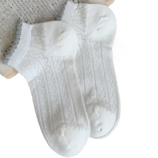 Rufia - Grey Striped Wavy Trim Ankle Socks - Basic