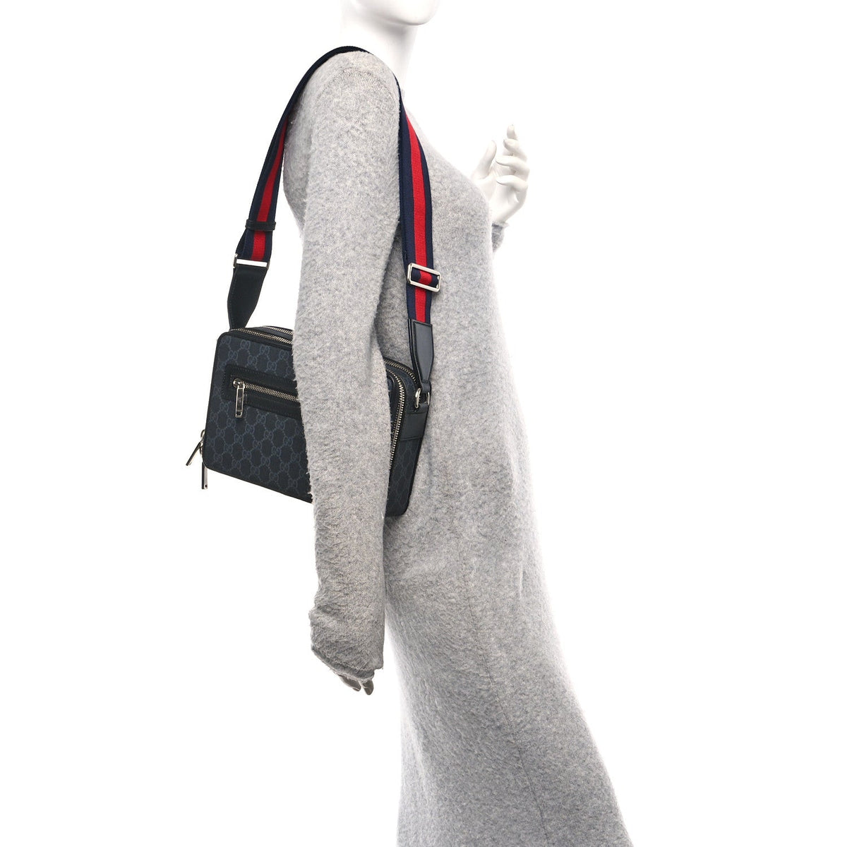 GG Supreme Monogram Calfskin Web Medium Messenger Bag Black Grey
