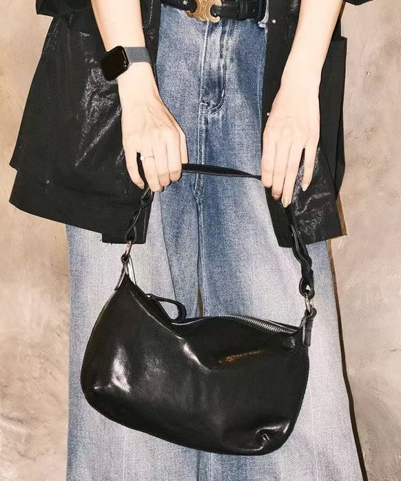Simple Black Solid Durable Leather Cross-body Handbag