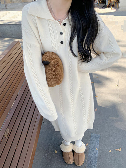 Long Sleeves Loose Buttoned Lapel Midi Dresses Sweater Dresses