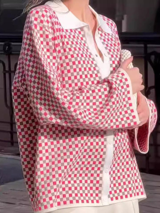 Long Sleeves Loose Plaid Split-Joint Lapel Cardigan Tops Sweater Tops