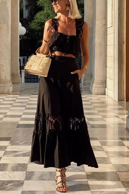 Summer City Hollow Lace Crop Tank and Elastic Waist Pocketed A-line Maxi Skirt Set