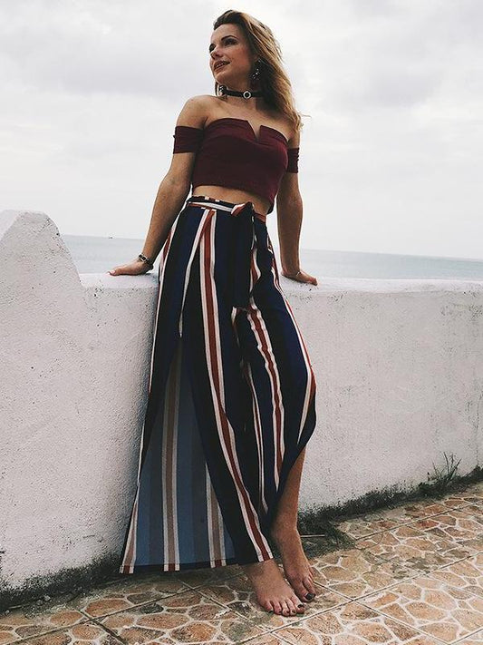 Striped Lace-Up Seaside Holiday Wide-Leg Bohemia Pants