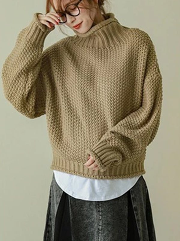 Long Sleeves Loose Solid Color High Neck Knitwear Sweater