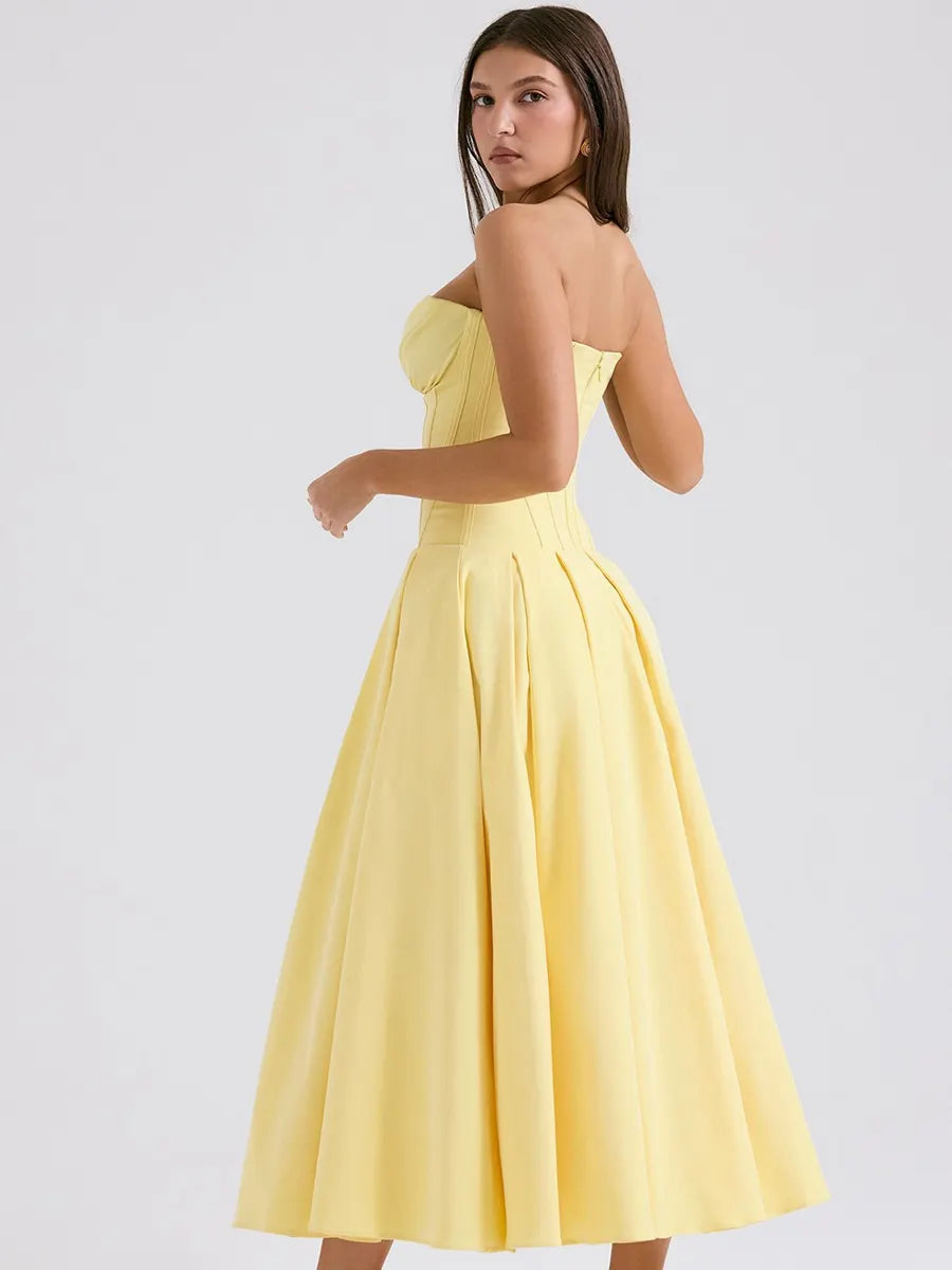 Ruby Off-Shoulder Corset Midi Dress In Yellow