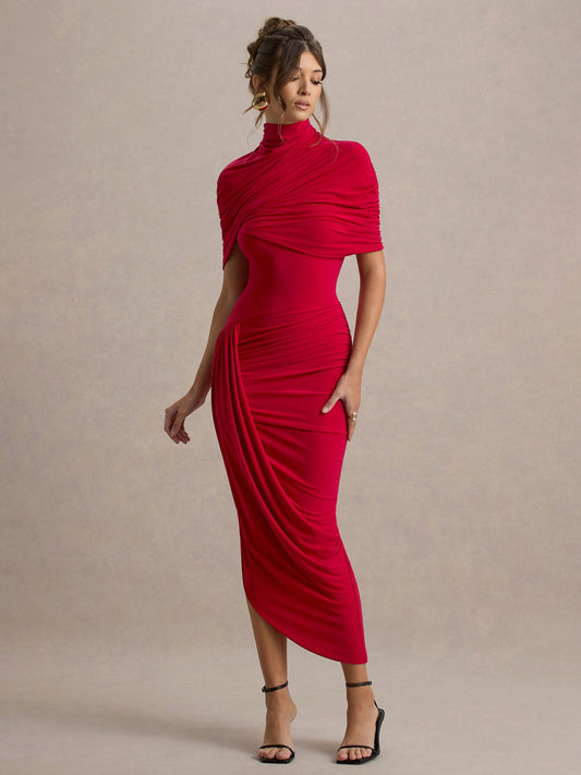 Helena Asymmetric Twisted Cape Midi Dress