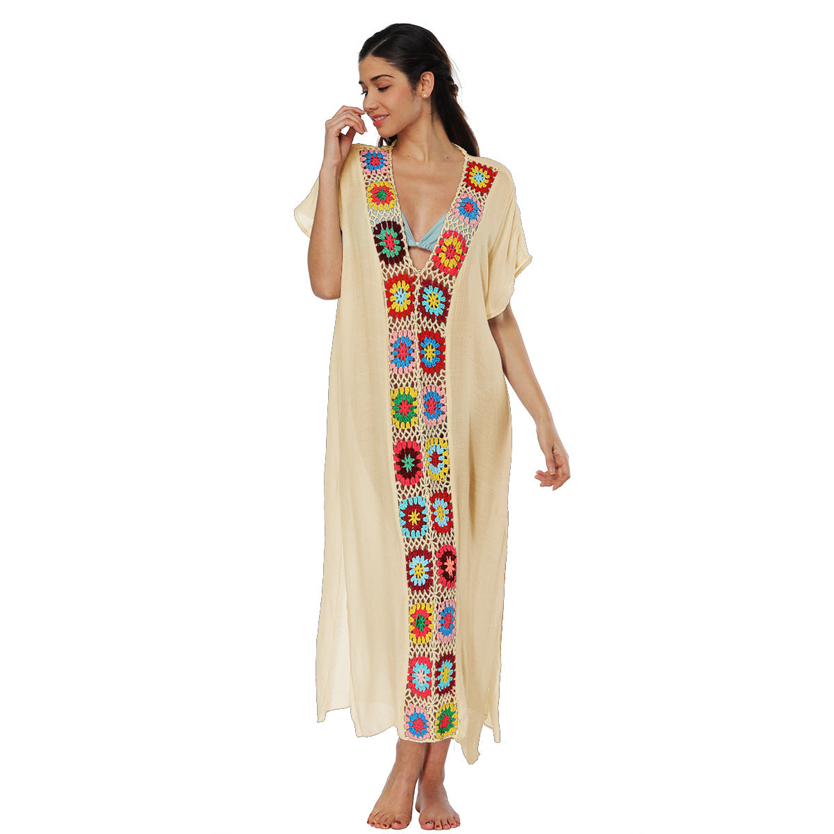 Boho Floral Maxi Dress With V-Neck And Batwing Sleeves
