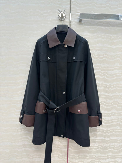 HM Majia Mid-Length Trench Coat Black Lychee-Grained Suede 304562