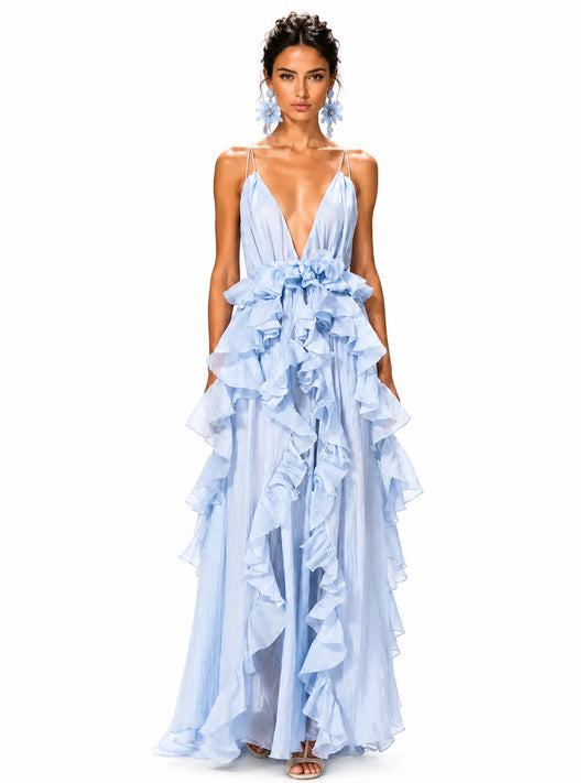 Thea Ruffled Chiffon V-Neck Maxi Dress