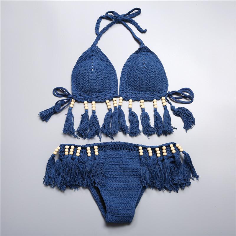 Bikini Women'S Sexy Swimsuit Retro Beaded Tassel Knitted Hollow Out Swimsuit