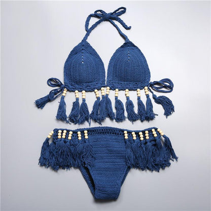 Bikini Women'S Sexy Swimsuit Retro Beaded Tassel Knitted Hollow Out Swimsuit