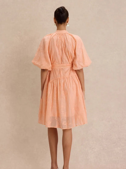 Hailey Floral-Embroidered Puff-Sleeve Midi Dress