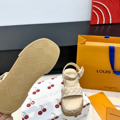 LV Maya Platform Sandals 6cm Beige Cowhide Denim 572498