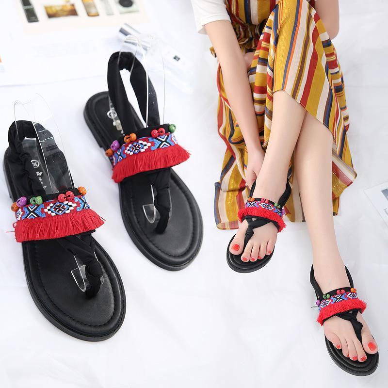 Bohemian Tasseled Flat Heel Sandals Clip Toe  Shoes