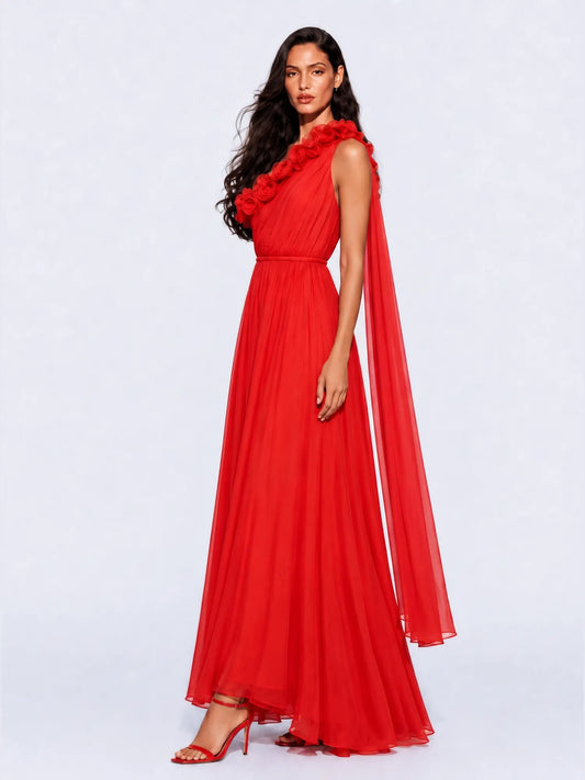 Jadzia One Shoulder Draped Maxi Dress with 3D Floral Detail