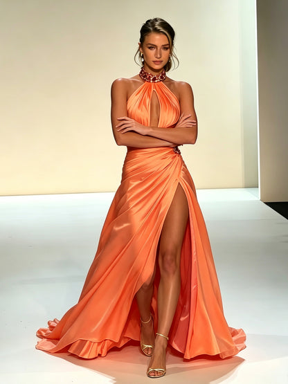 Zaria Halter Cutout Satin Maxi Dress In Orange
