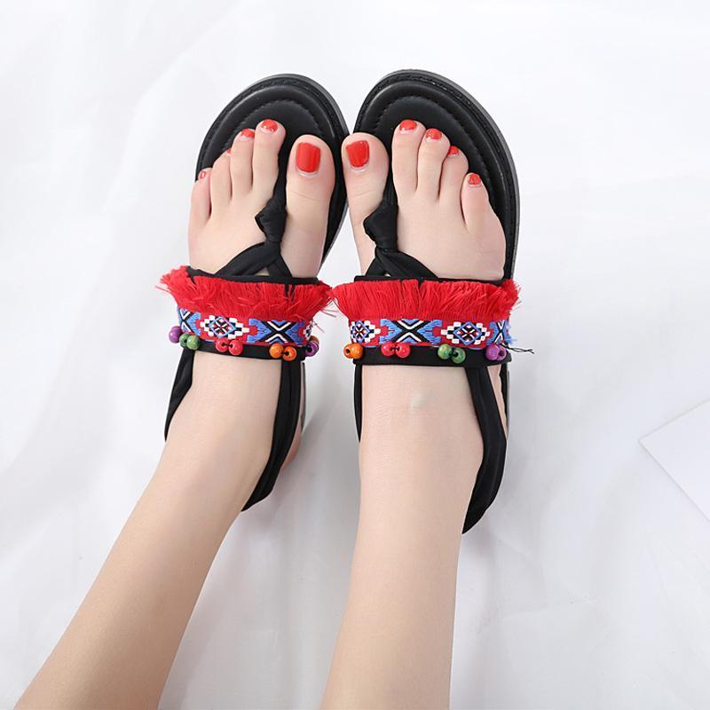 Bohemian Tasseled Flat Heel Sandals Clip Toe  Shoes