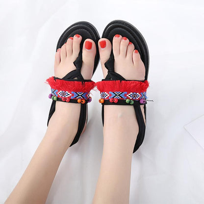 Bohemian Tasseled Flat Heel Sandals Clip Toe  Shoes