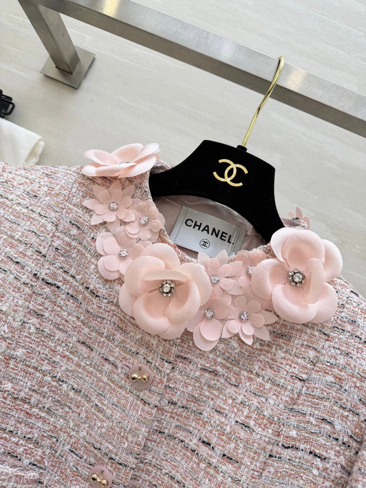 CC 26s Coat 3D Floral Embellished Light Pink Wool Blend Tweed