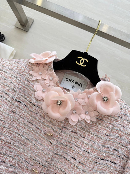 CC 26s Coat 3D Floral Embellished Light Pink Wool Blend Tweed