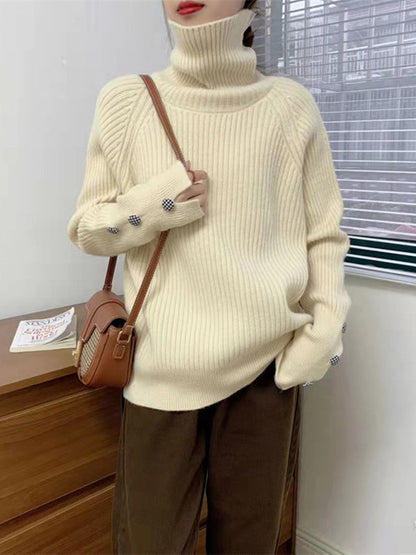Casual Loose Long Sleeves Solid Color High-Neck Sweater Tops