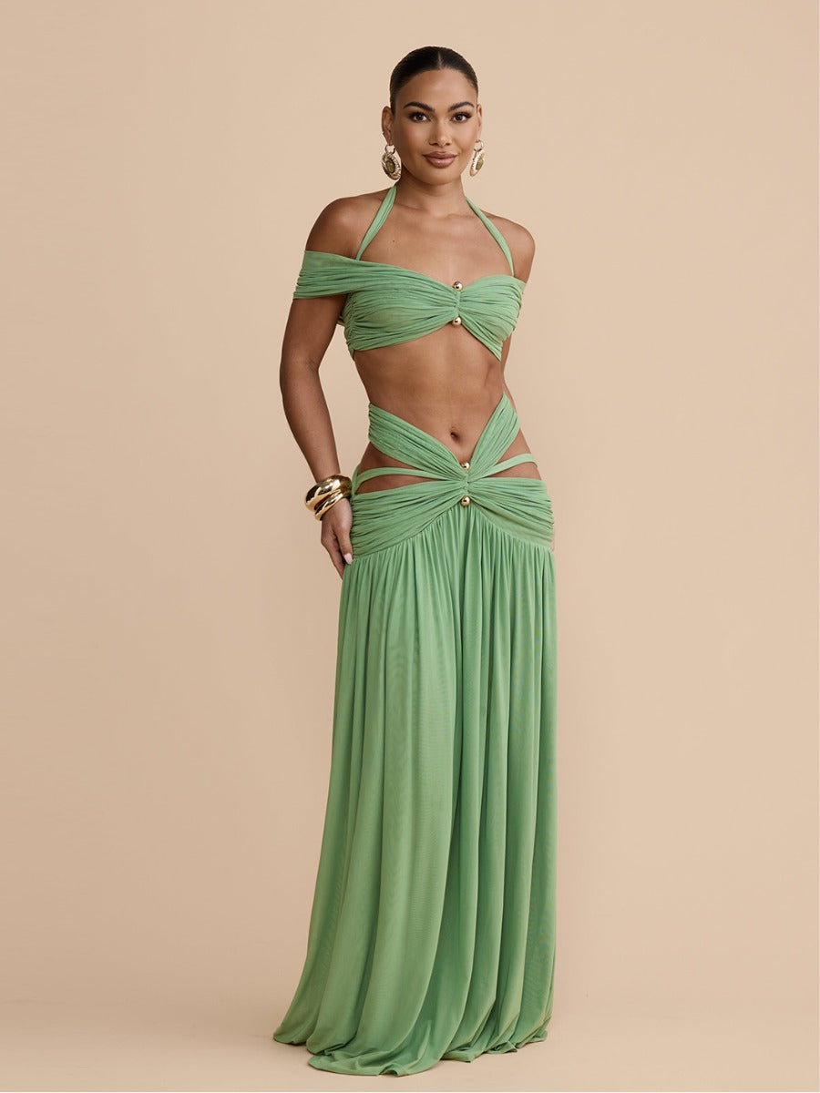 Marisol Cut Out Halter Mesh Maxi Dress Set
