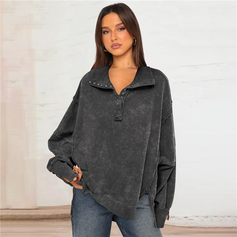 Polo Collar Split Sleeve Loose Sweatshirt Women