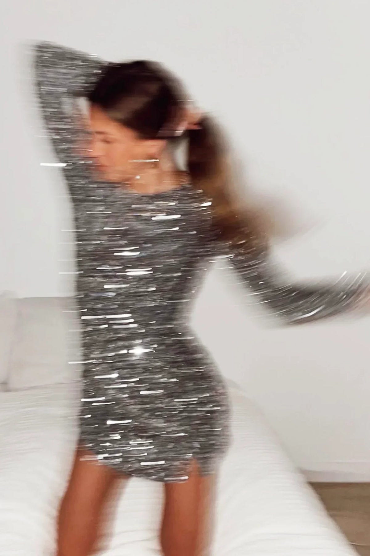 Demure Long Sleeve Open Back Dress Sequin Grey/Silver