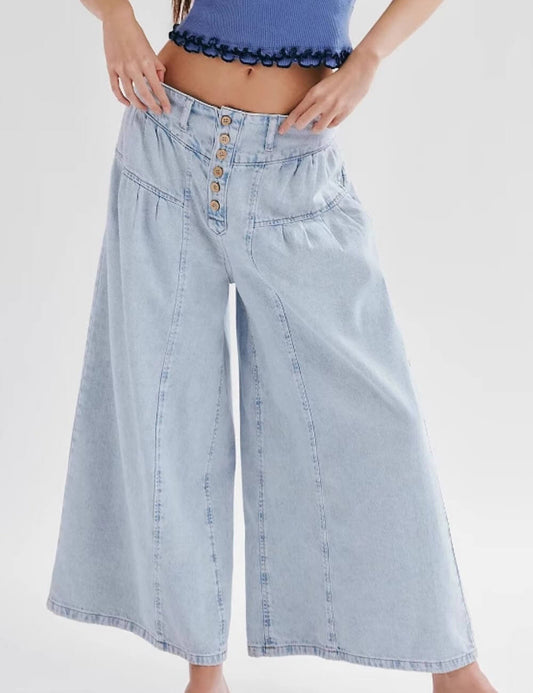 Buttons Midi Rise Wide Leg Jeans