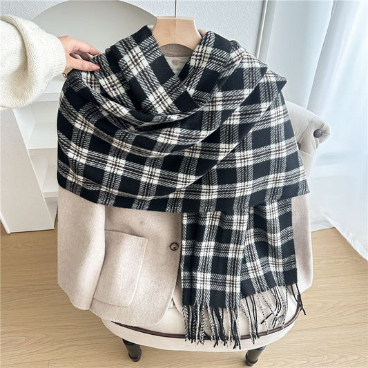 Color Block Plaid Fringe Scarf