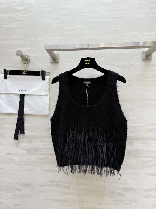 CC Ostrich Feather Rhinestone Vest Black Mulberry Silk Yarn 346478