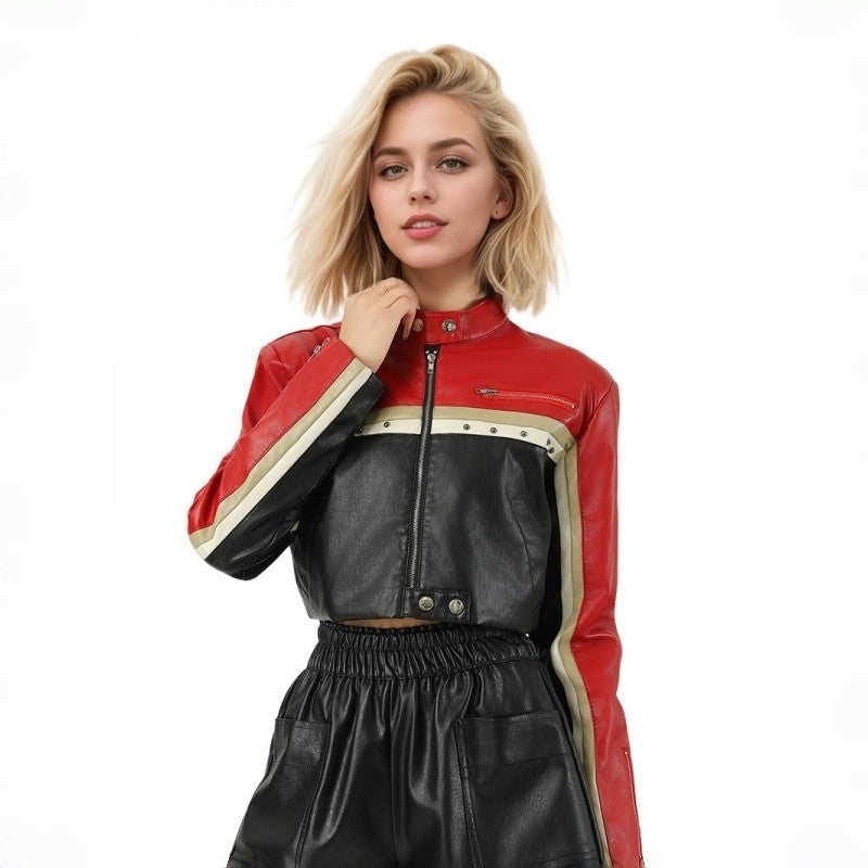 Color Block Crop Biker Jacket
