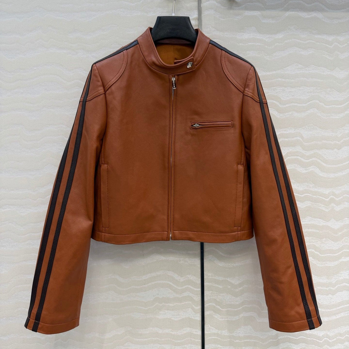 Miu SS26 Nappa Leather Jacket Stripes Brandy Lambskin 351105